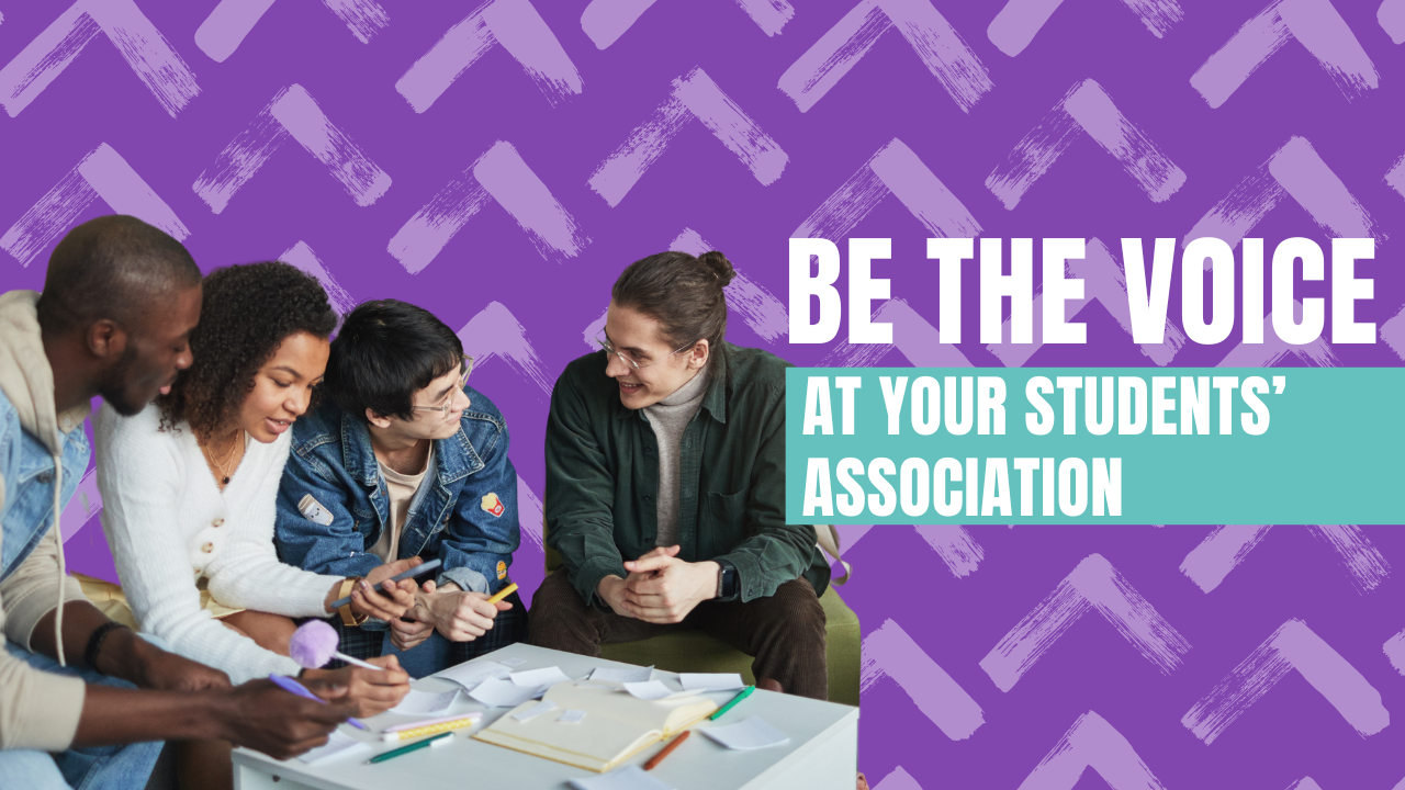 The image shows the Arden Students Association brand colours and graphics. The background is dark purple, with arrows pointing up as a light purple. There are 4 people sat down smiling at each other.