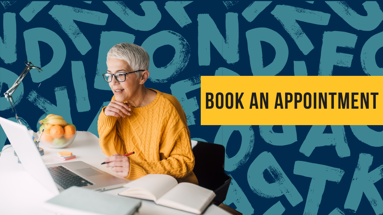 The image shows a woman with a yellow jumper looking at a computer screen. The background is navy and teal. The title is in a yellow box that says 'Book an Appointment'